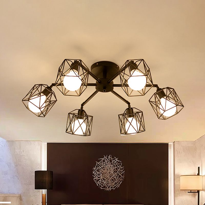 Plafonnier semi-encastré à 6/8/10 têtes avec abat-jour à cage hexagonale en métal de style vintage pour salon près du plafonnier en noir