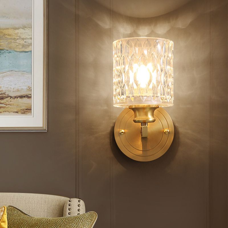 Cylindrical Wall Light Contemporary Stylish Clear Dimpled Glass 1 Bulb Golden Wall Sconce Fixture for Bedroom