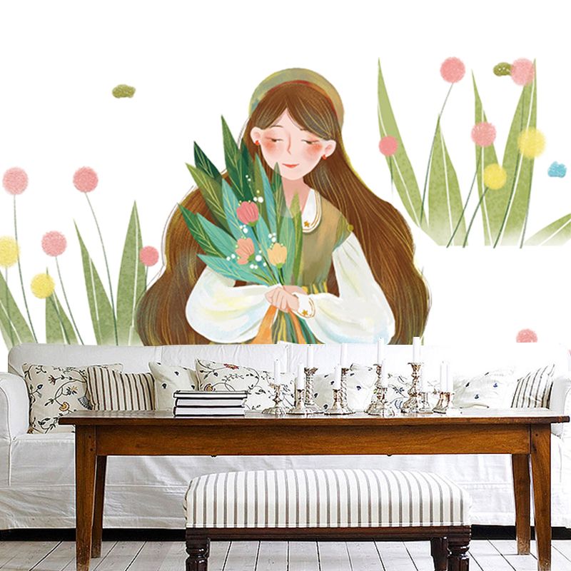 Artistry Girls Outing Wallpaper Mural for Bedroom Custom Wall Decor in Green on White