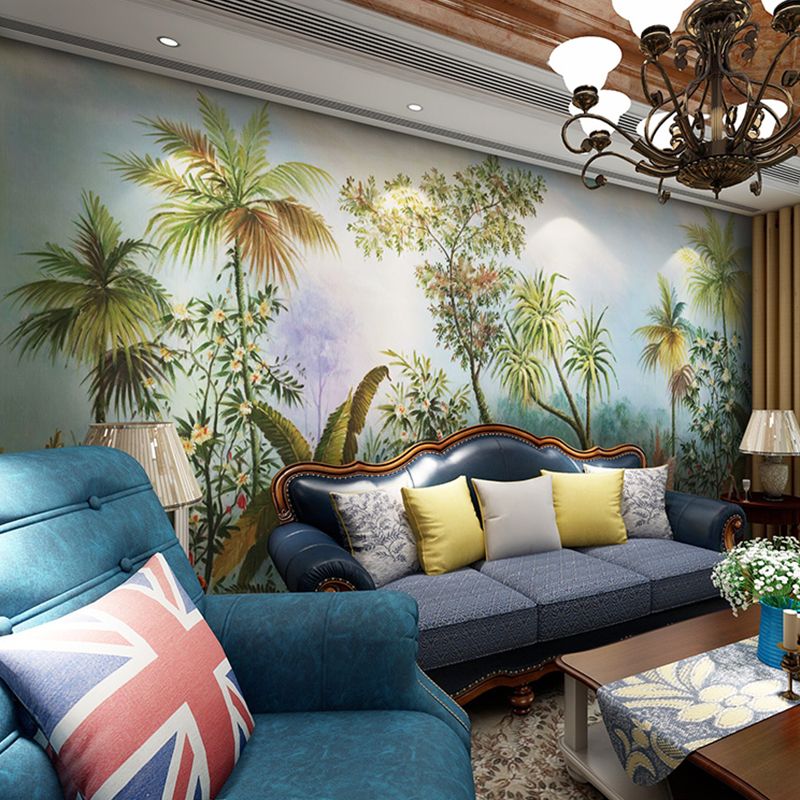 Green Jungle Wall Covering Stain-Resistant Mural Wallpaper for Living Room and Coffee Shop