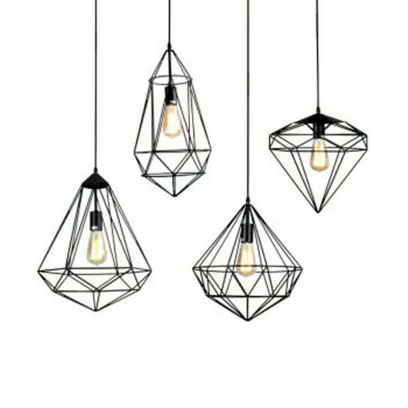 Iron edelsteen frame ophanging verlichting retro stijl 1 hoofd restaurant hanger plafondlicht in zwart