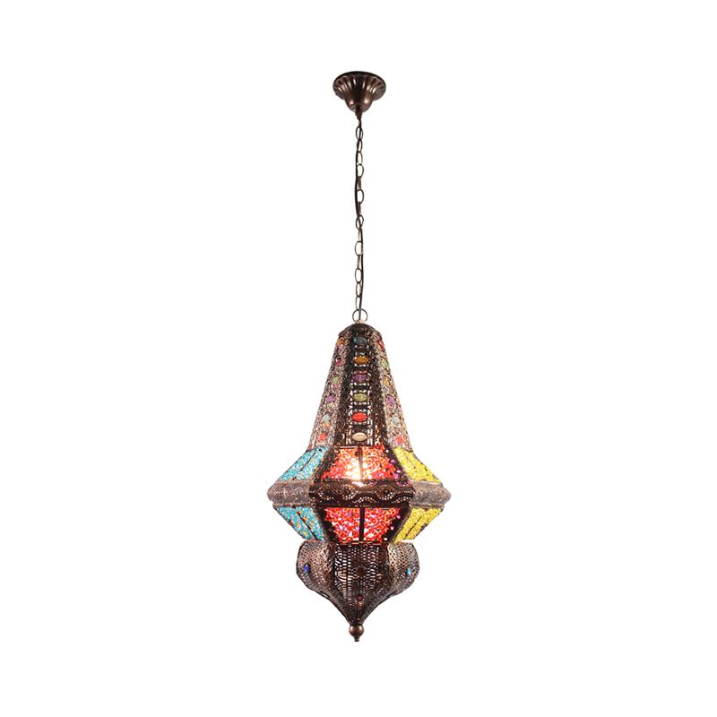 Red/Bronze 1 Light Pendant Lighting Traditional Metal Lantern Hanging Light Fixture for Restaurant