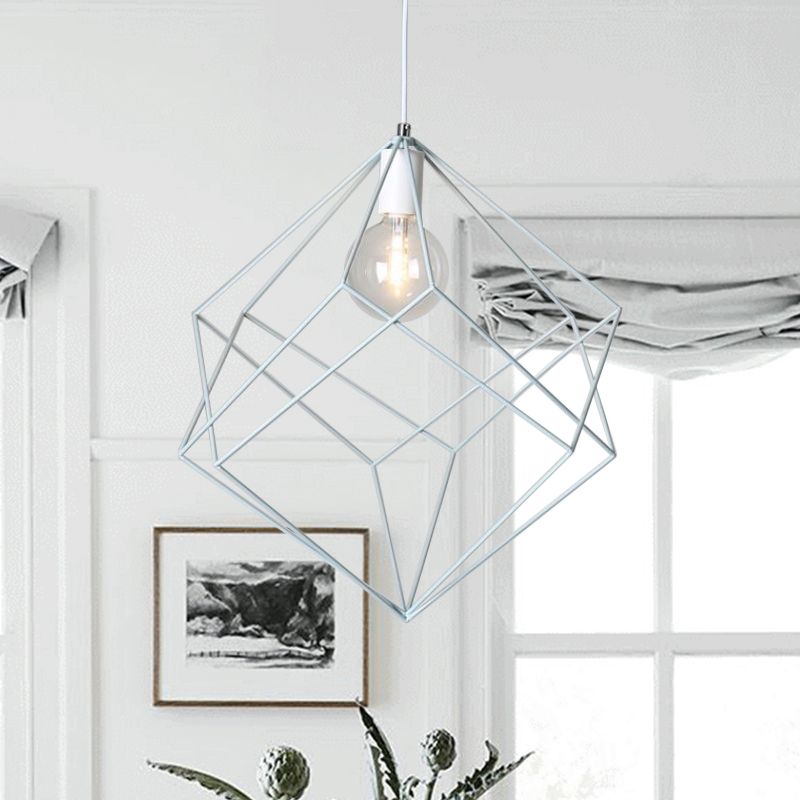 1 Head Cube Cage Pendant Light Macaron Iron Undertint Hanging Lamp for Dining Table Hallway