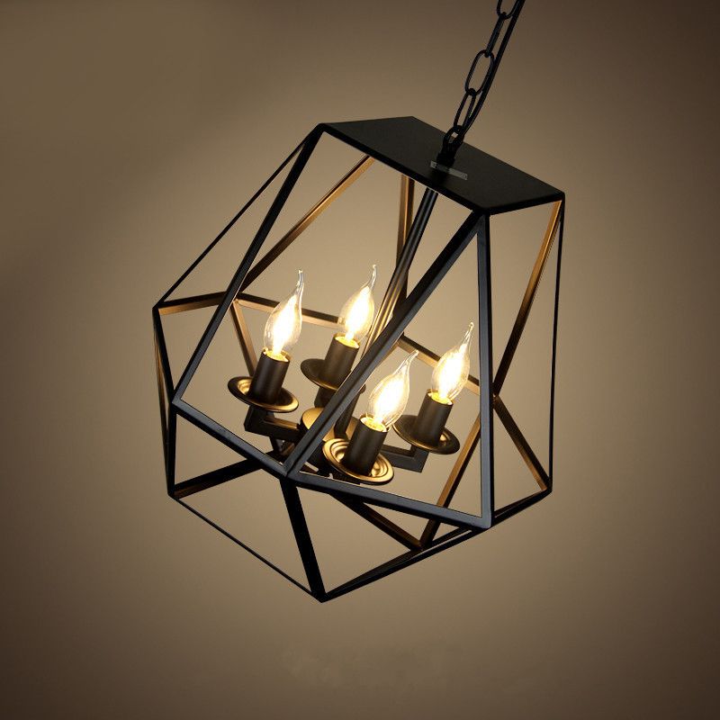 Black Geometric Chandelier Lamp Traditional Metal 3/4 Light Living Room Hanging Light