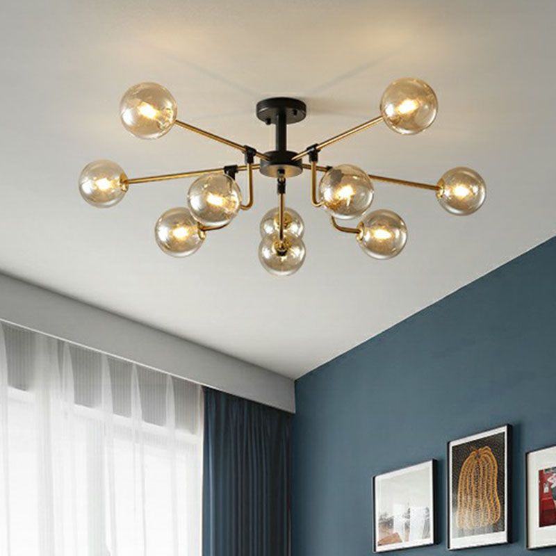 Postmodern 10-Light Chandelier Black and Brass Radial Pendant Light with Ball Glass Shade
