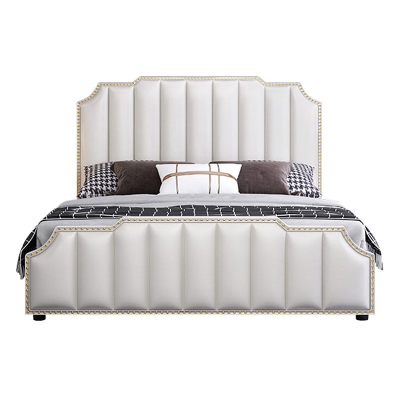 Luxurious Leather Bed Beige Upholstered Bed Frame with Nailhead Trim