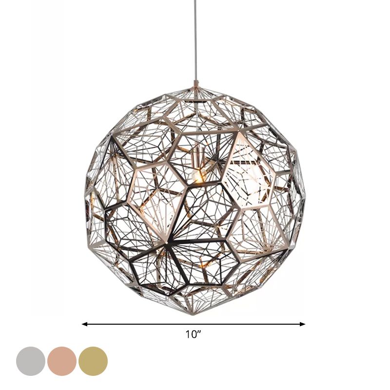 1 Bulb Stainless Steel Pendulum Light Industrial Silver/Gold/Bronze Hollowed out Sphere Drop Pendant, 10"/12" W