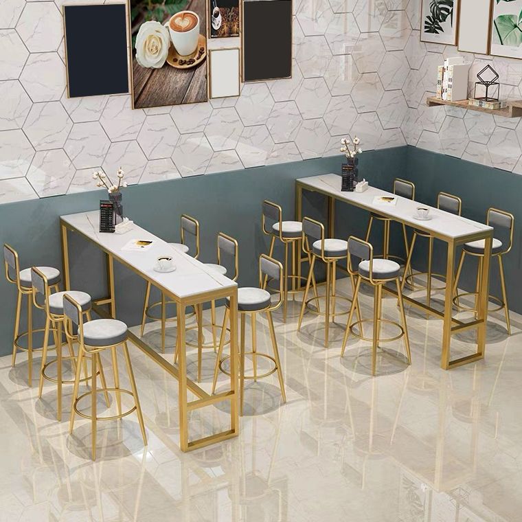 Grey Upholstered Dining Stool Low Back Bar Stool with Gold Metal Base