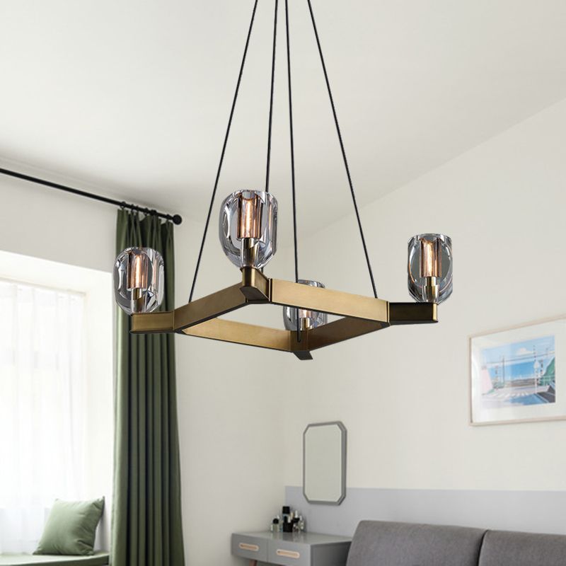 Antiqued Gold 4 Bulbs Hanging Light Postmodern Flower Crystal Square Chandelier Pendant