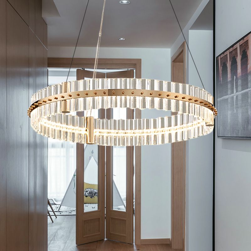 Minimalist Circular Clear Crystal Chandelier Lamp LED Golden Bedroom Pendant Light Kit