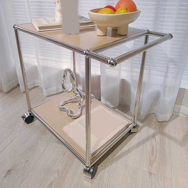 Rectangular Metal/glass Side Table with Wheel Base Mid-century Modern Style