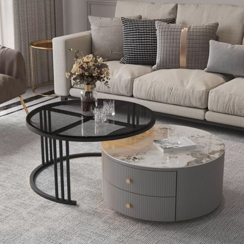 Modern Round End Table Living Room No Distressing Side Table with Drawers