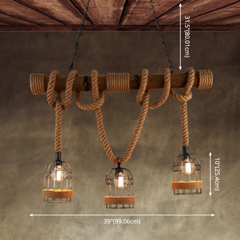 Rope Cage Shade Island Light Fixture Retro Style Restaurant Chandelier Light Fixture in Beige