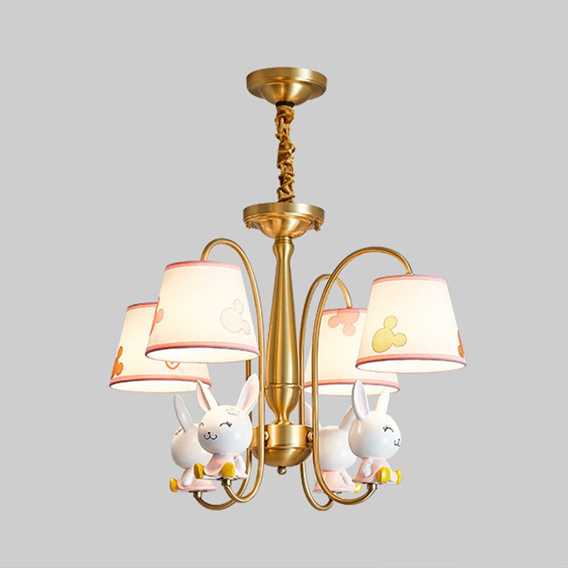 Gold Finish Barrel Shade Chandelier Cartoon 4 Bulbs Fabric Hanging Ceiling Light with Rabbit Deco