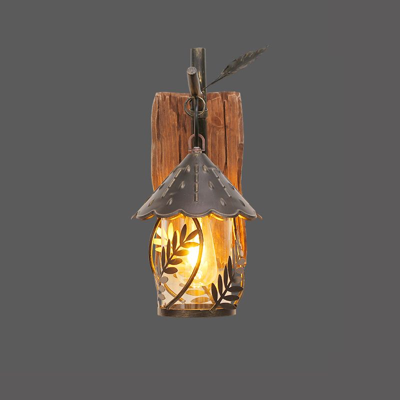 House Clear Glass Wall Mounted Light Farmhouse 1 Light Corridor Leaf Wall Lighting Ideas in Brown with Wood Backplate