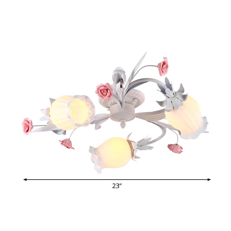 3 Heads Flower Semi Flush Mount Pastoral White Frosted Glass Ceiling Flush Mounted Light