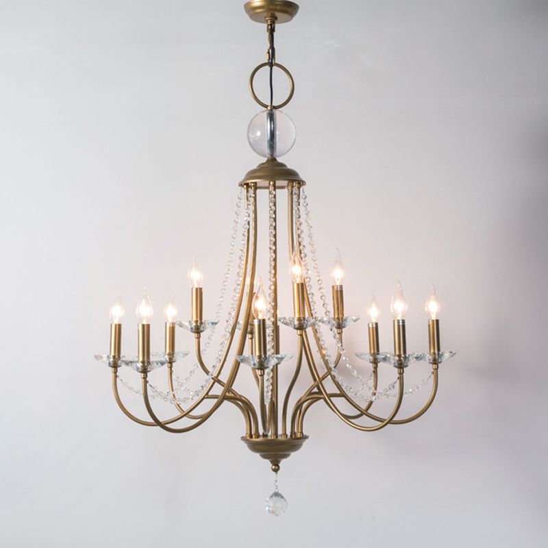 Country Style Candlestick Chandelier Metallic Hanging Light Kit with Crystal Strand