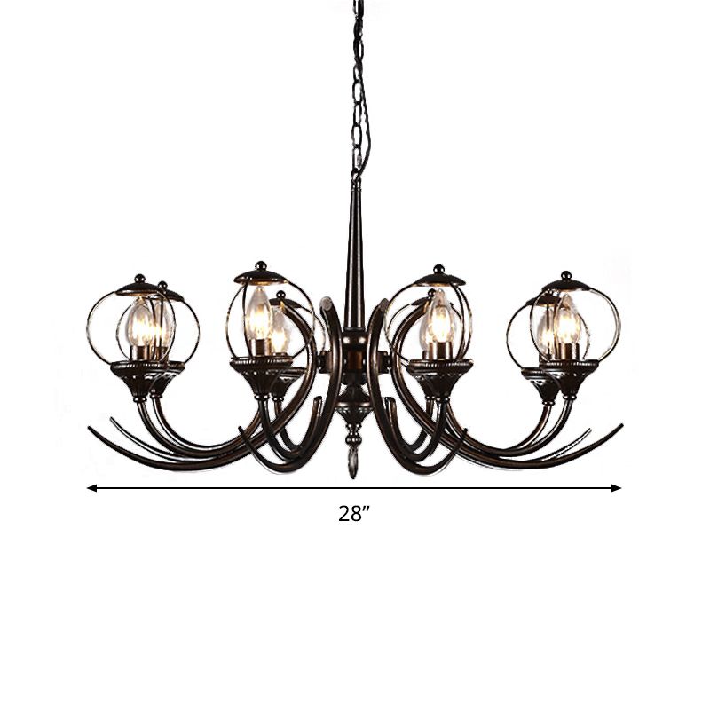 Farmhouse Wire Guard Chandelier Lighting with Curved Arm 8 Heads Iron Hanging Light Fixture in Black