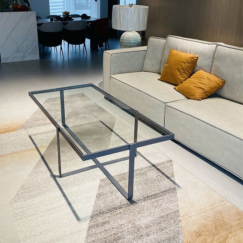 Contemporary Rectangle Glass Top Coffee Table with Steel Cross Base