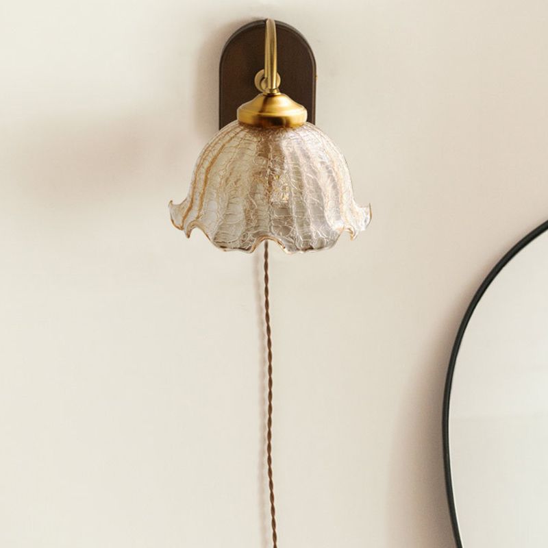 Modern Wood Wall Sconce Flower Shape Vanity Lamp with Glass Shade for Bathroom