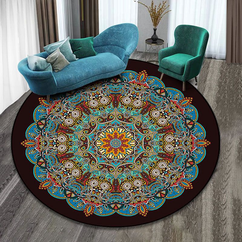Multicolor Folk Art Print Rug Polyester Moroccan Area Rug Non-Slip Backing Pet Friendly Machine Washable Rug for Guest Room