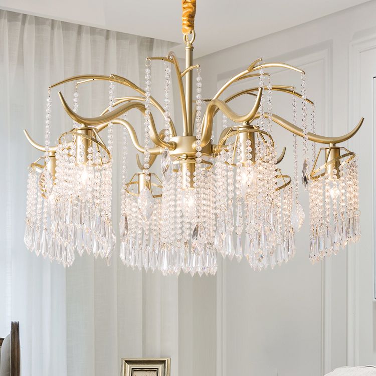 French Style Gold Chandelier Light with Clear Crystal Drops Metal Multi Light Pendant Light for Living Room