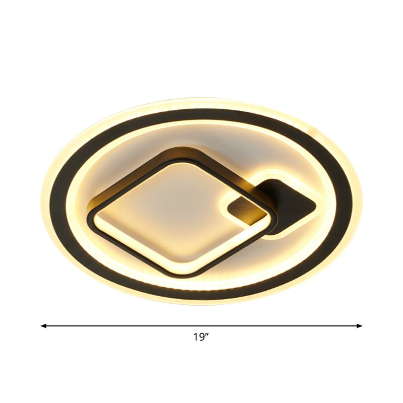 Round/Square Hotel Ceiling Fixture Aluminum Modern Style LED Flush Mount Lamp in Black, Warm/White/3 Color Light