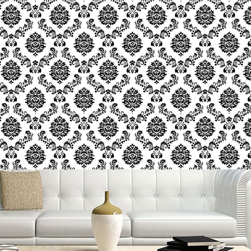 Retro Style Damask Wallpaper Panel Set Grey Flower Print Wall Decor, Peel and Paste