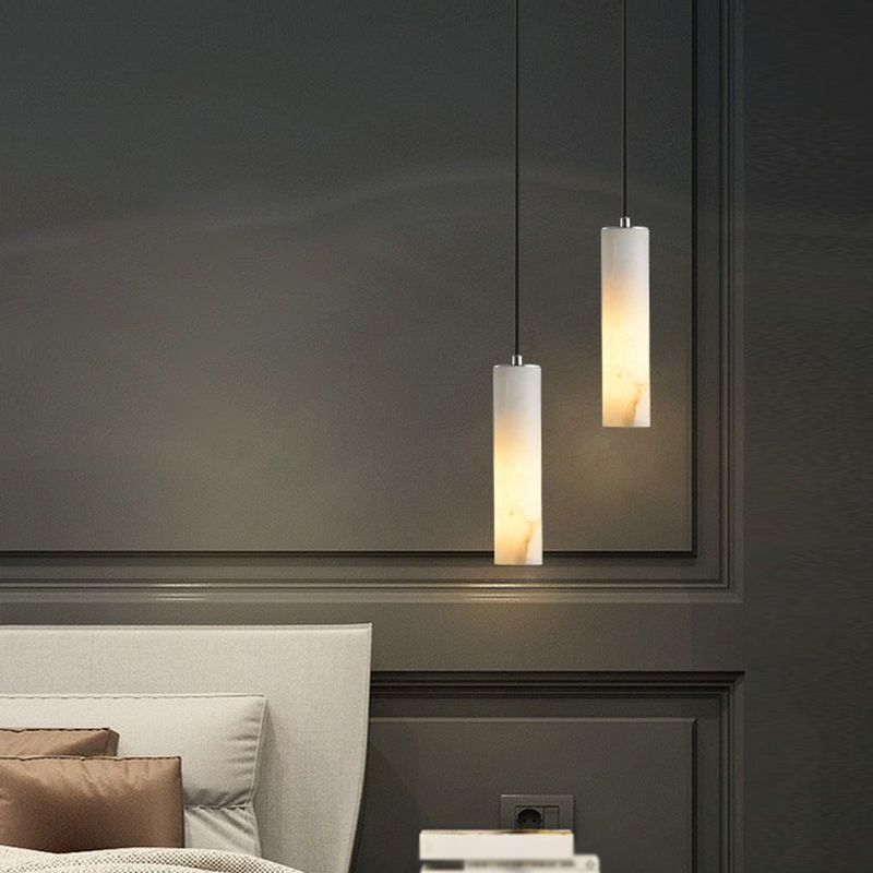 Tubular Bedroom Pendulum Light Marble Minimalistic Hanging Ceiling Light in White