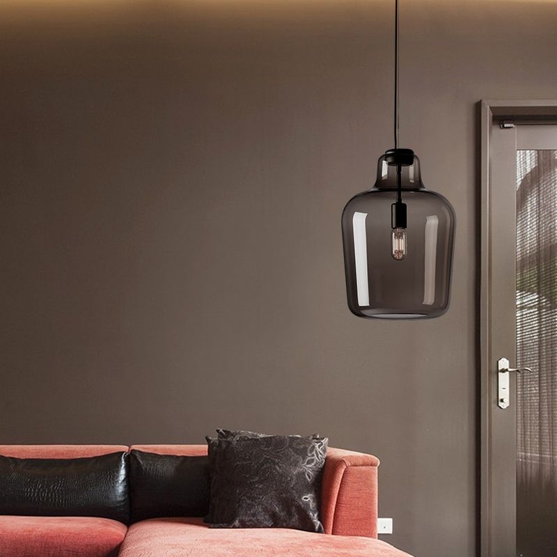 Black Glass Jar Pendant Lamp Contemporary 1 Head Hanging Ceiling Light for Dining Room