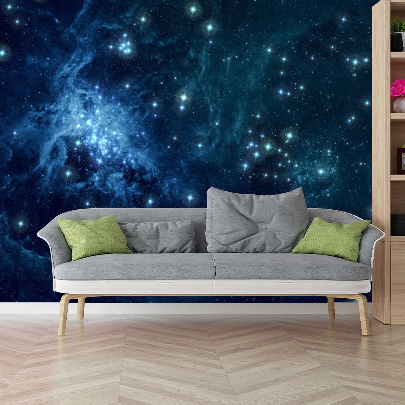 Whole Gleaming Galaxy Mural Wallpaper for Living Room Stars Wall Art in Blue, Water-Resistant