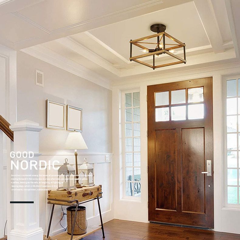 Wooden Black Ceiling Light in Industrial Vintage Style Wrought Iron Geometric Semi Flush Mount