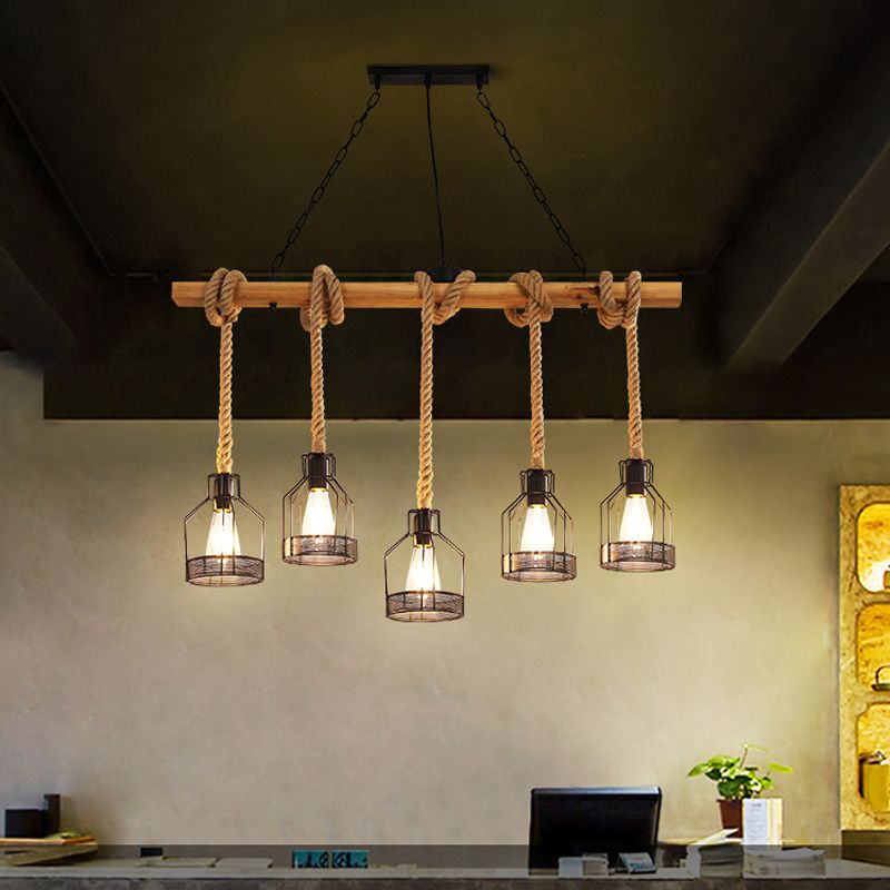 3 / 5 - Light Kitchen Island Fixture Wood and Iron Ceiling Lighting with Hemp Rope