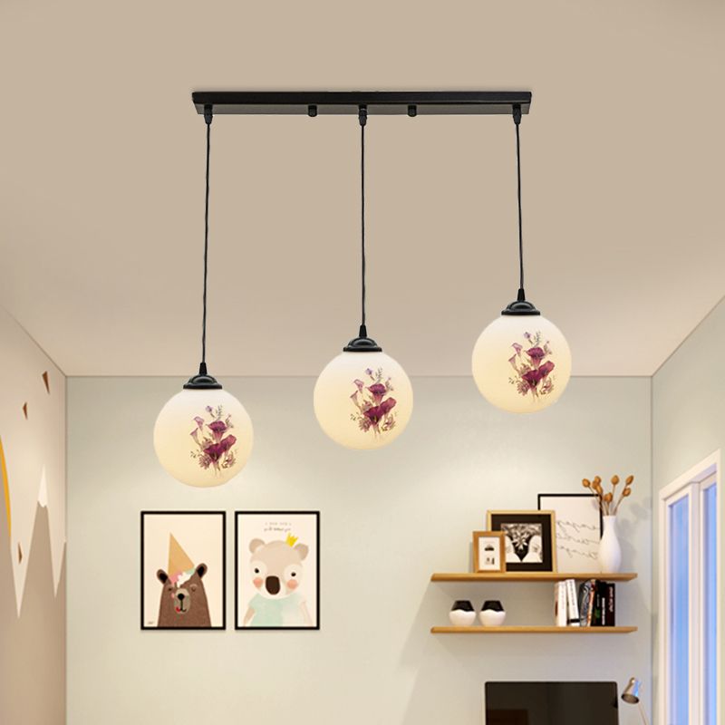 3 Heads Orb Multi-Pendant Modernism Black Finish White Frosted Glass Hanging Light Kit with Flower Pattern and Round/Linear Canopy