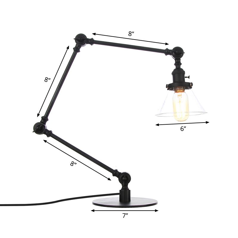 Table conique de style industriel clair Ambre / verre transparent et métal 1 lampe de table de chambre à coucher légère avec bras réglable en noir / laiton