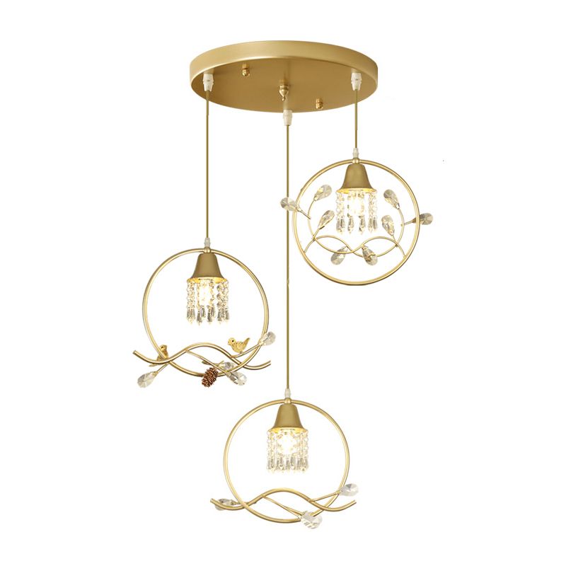 3 bulbos Cristal Multi Light Pendse Modern Gold Cylindrical Cinning Sala Lámpara colgante Kit