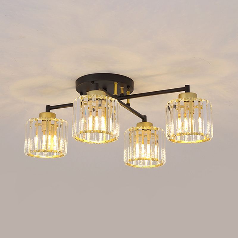 Cylinder Bedroom Semi Flush Light Minimalist Crystal Rectangle 4/6-Light Black and Gold Flushmount