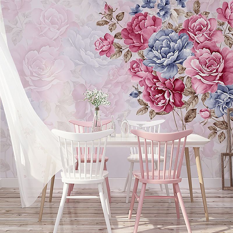 Full Size Wall Covering for Living Room Cluster Flower Mural in Pink and Blue, Moisture-Resistant