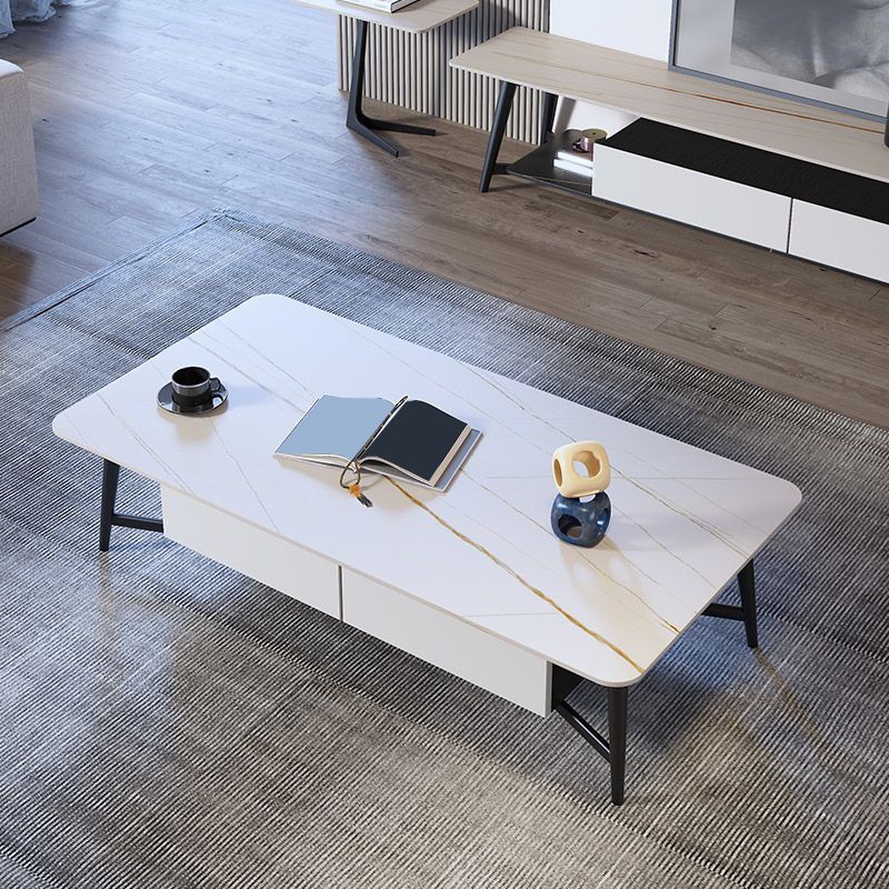 Modern Style Rock Slate Top White Gold/white/black Gold Metal Leg Coffee Table