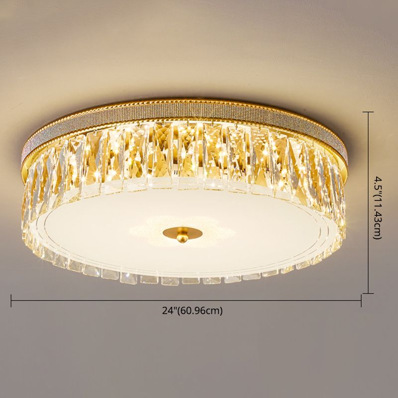 Gold Cylindrical LED Ceiling Light in Modern Luxury Style Crystal Indoor Flush Mount with Glass Shade