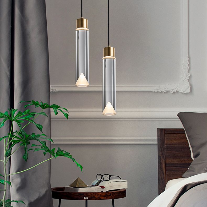 Modern Luxury Cylindrical Pendant Light Copper Indoor Hanging Lamp with Crystal Shade