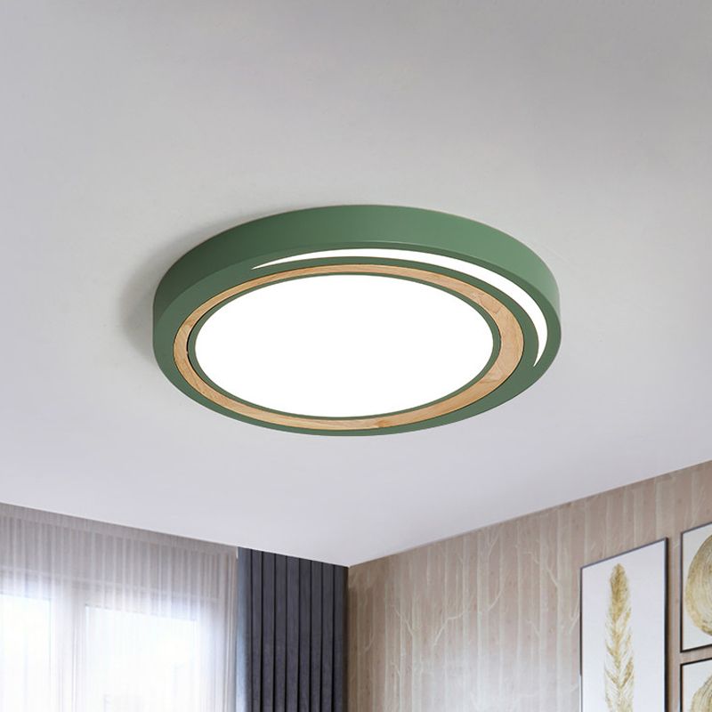 Kids Drum Ceiling Lighting Acrylic Led Bedroom Flush Mount Fixture in White/Pink/Green with Wood Ring