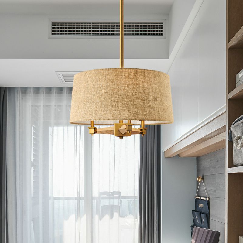 Drum Bedroom Hanging Chandelier Farmhouse Fabric 3 Bulbs White/Light Wood/Dark Wood Ceiling Suspension Light