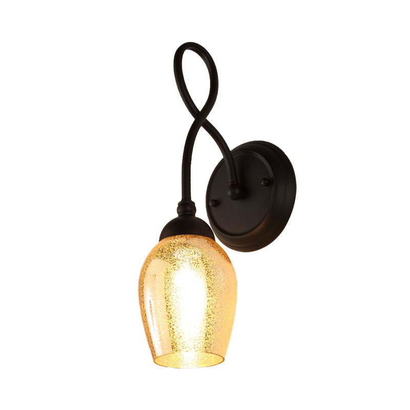 1/2-Light Wall Sconce Lighting Curved Arm Crackled Mercury Glass Industrial Bedroom Light Fixture in Black
