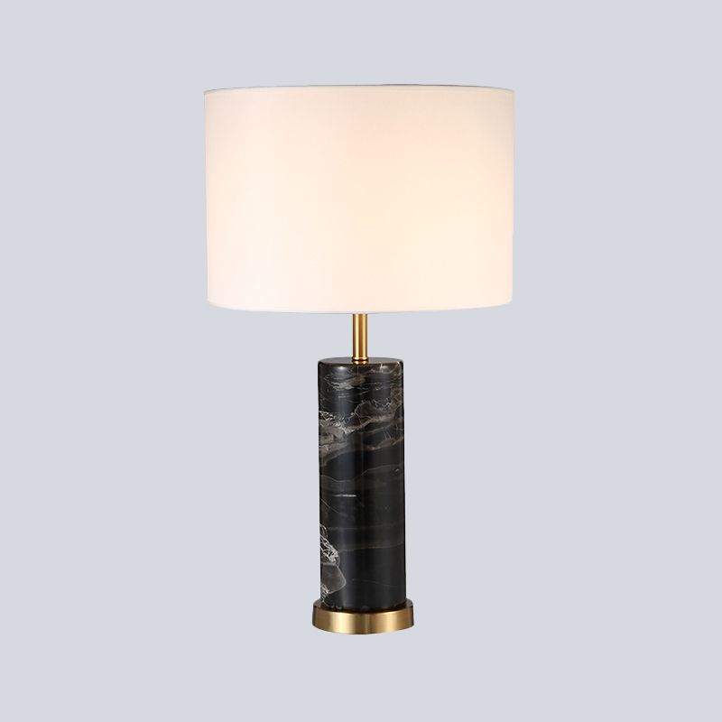 White Cylinder Task Light Nordic 1 Bulb Fabric Night Table Lamp with Black Marble Base