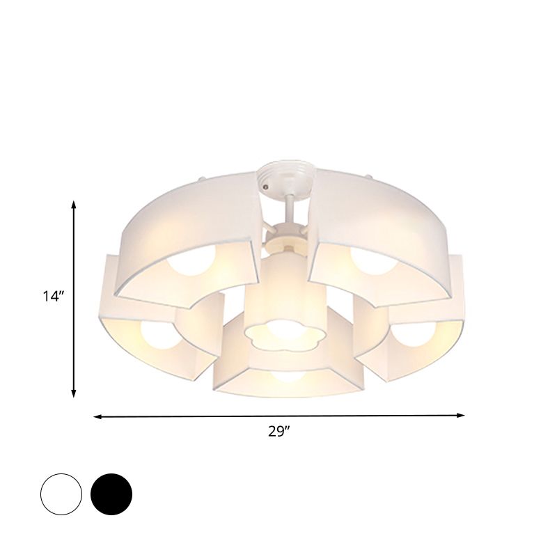 Black/White Curved Block Flushmount Contemporary 6 Heads Fabric Semi Mount Lighting for Living Room