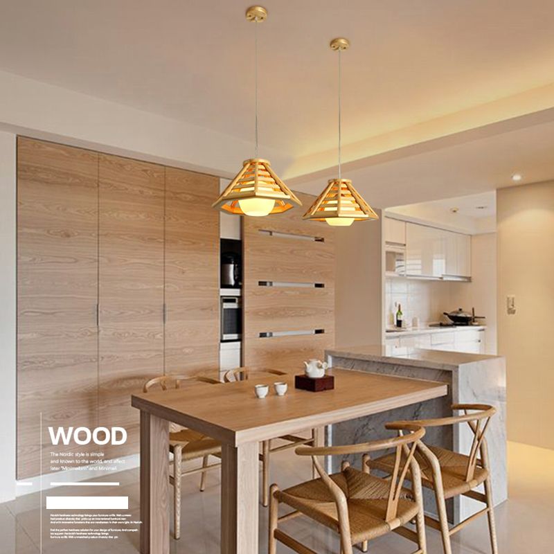 Lampada a ciondolo cono in stile moderno 1 lampadina in lampadina in legno per la casa da tè