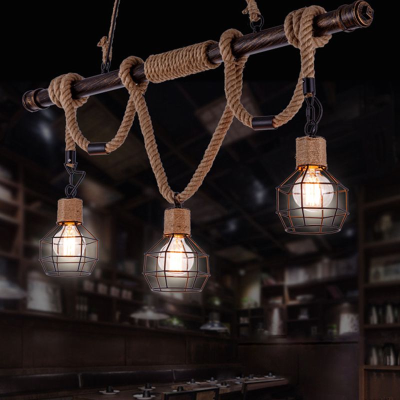 Hemp Rope Pendant Lamp Industrial Style Beige Linear Restaurant over Island Lighting