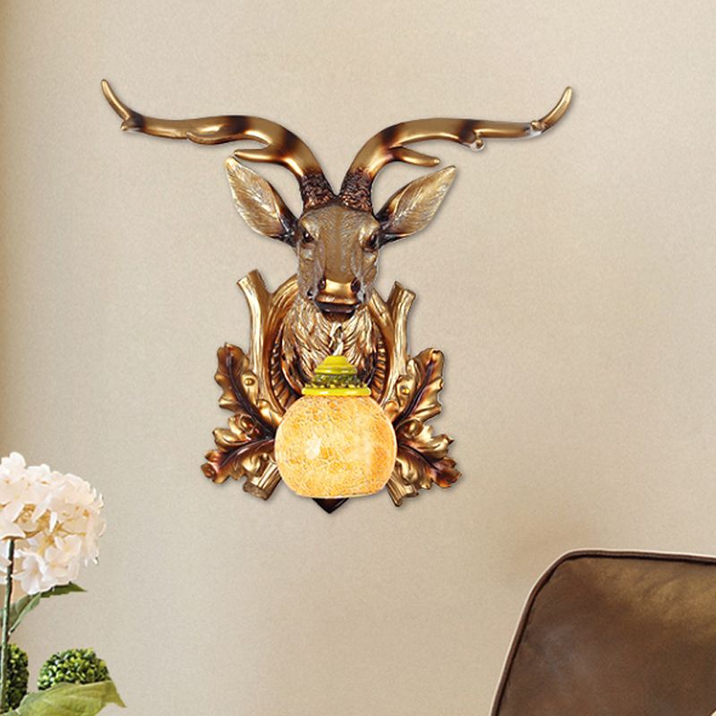 Traditional Bubble Sconce Light 1-Head Amber Crackle Glass Wall Mounted Lamp with Sika Deer and Bloom Decor in Gold