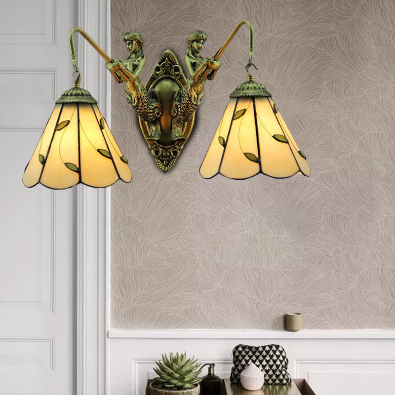 Lily Beige Glass Sconce Light Fixture Tiffany 2 Heads Brass Wall Mounted Light with Mermaid Backplate